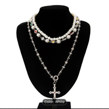Load image into Gallery viewer, Cathedral Multicolored Pearl Long Cross Necklace
