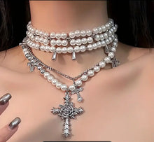 Load image into Gallery viewer, Pearl Choker Cross Necklace
